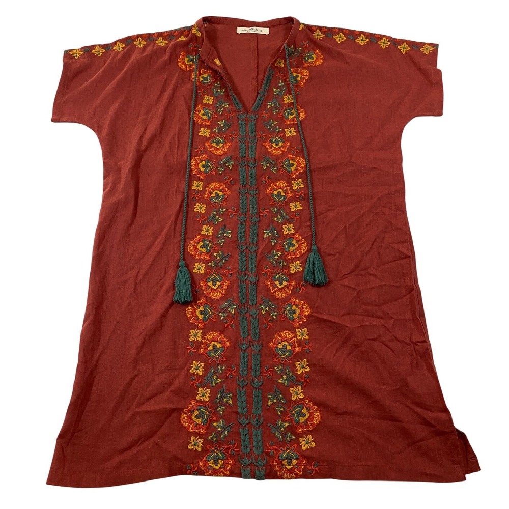 Natural Life Women Small Terracotta Red Embroidered Cotton Tunic Dress Tassels